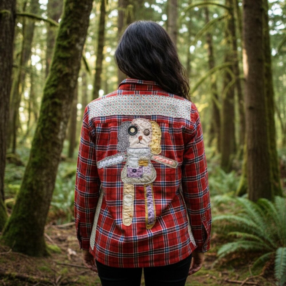 Upcycled Flannel Shirt with Patchwork Dog Boho Grunge Button Down Handmade